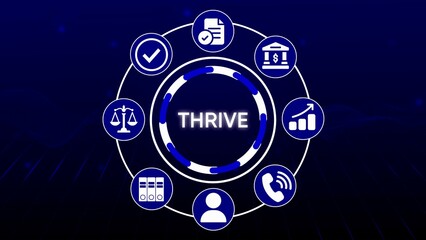 Circular infographic with icons representing business growth legal finance and communication on a dark blue background
