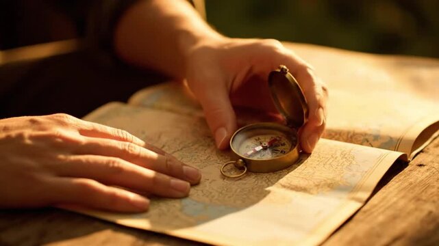 Hands hold an antique brass compass over an old paper map under warm light.