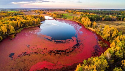 red algae on the lake. Aerial view of nature