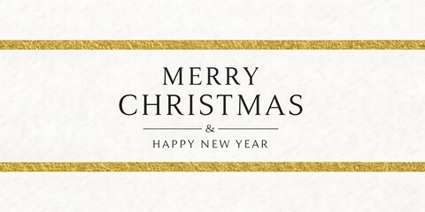 Minimalist merry Christmas and happy new year text with golden glitter stripes on a white textured background.