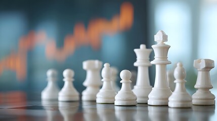 Strategic chess game with white pieces on a reflective board against a blurred abstract financial market graph background