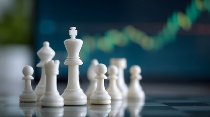 White chess pieces including a King are placed on a reflective board with a blurred financial market graph in the background symbolizing strategy