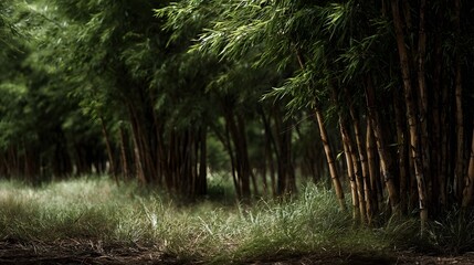 Obraz premium A dense grove of tall bamboo stalks and lush green leaves in a natural forest setting