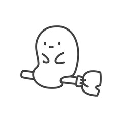 Cute ghost with broom icon. Funny little spirit flying on broomstick, witch theme design. Monochrome doodle illustration isolated on white background. Kawaii halloween sticker. Vector 10 EPS.