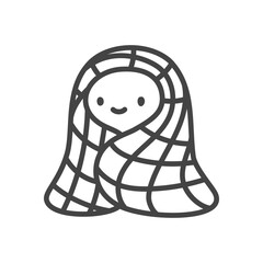 Cute ghost with blanket icon. Funny little spirit wrapped in a plaid blanket, warm halloween style. Monochrome doodle illustration isolated on white background. Kawaii sticker. Vector 10 EPS.