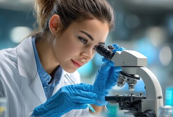 female scientist working in a laboratory with microscopes and test tubes, wearing a white lab coat.