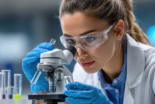 female scientist working in a laboratory with microscopes and test tubes, wearing a white lab coat.