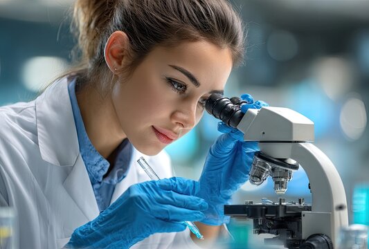 female scientist working in a laboratory with microscopes and test tubes, wearing a white lab coat.