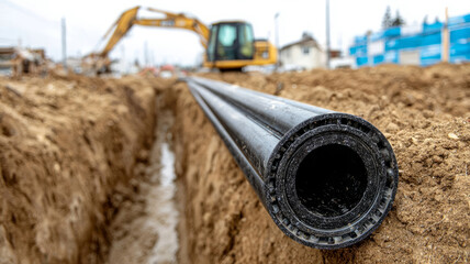 Naklejka na ściany i meble Pipeline installation at a construction site trench with machinery. Naklejka na ściany i meble Pipeline installation at a construction site trench with machinery.