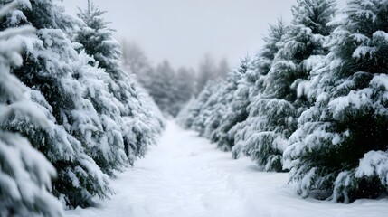 Fototapeta premium A snow covered path winds through rows of evergreen trees in a tranquil winter landscape