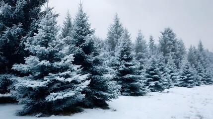 A picturesque winter forest landscape filled with dense snow covered evergreen trees under a soft overcast sky