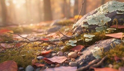 Autumn forest floor scene with leaves, moss, and sunlight