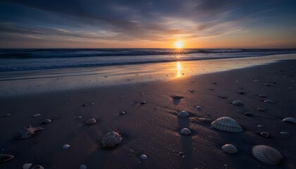 Beautiful sunset over the ocean with seashells on the beach