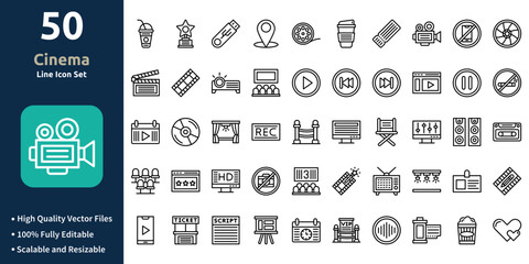 Cinema icon set in Outline style. Minimilist and trendy Icon set. Containing Icons,Soft drink,Award,Usb,Placeholder,Film reel,and so on.