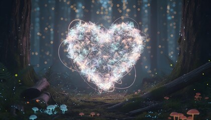 Magical heart of light in a mystical forest, fantasy art illustration