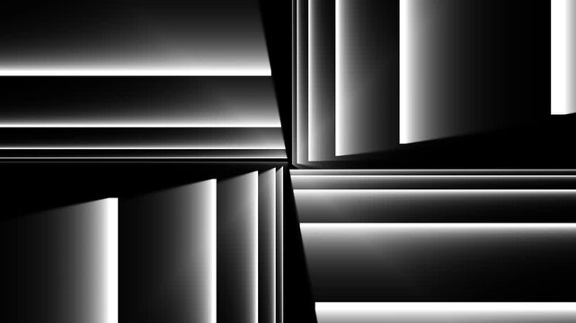 Gray and white neon tunnel with glowing rectangle lines and 3d depth on black background