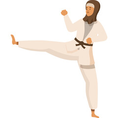 Woman In White Karate Uniform And Hijab Performing A High Kick In A Fighting Stance Isolated On A White Background