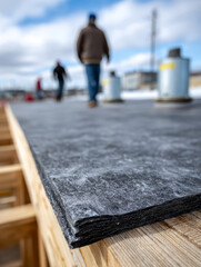 Workers installing roofing materials on a construction site.