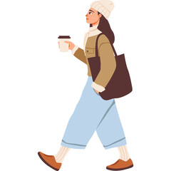 Woman in Winter Hat and Jacket Carrying Tote Bag and Coffee Cup Walking Outdoors