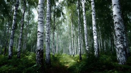 Obraz premium A serene forest path winds through a dense grove of tall birch trees with distinctive white bark and lush green foliage