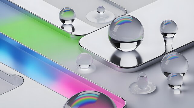 Captivating abstract composition with reflective glass spheres and vibrant gradient light creating a modern, futuristic aesthetic for design.