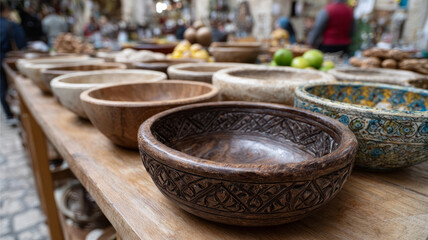Fototapeta premium A row of intricately carved wooden bowls on a market table.