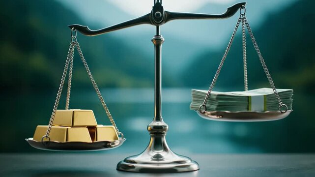 A silver balance scale with gold bars on one side and money on the other, set against a serene lake and mountain backdrop with a soft focus.