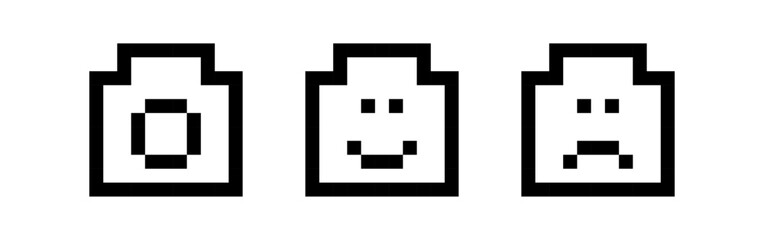Obraz premium Pixel camera emoji icons, pixel camera faces, smiley icons, sad icons, pixel art, vector illustration.