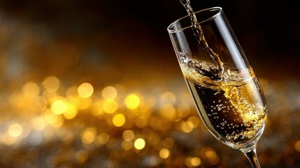 Sparkling beverage being poured into a clear glass flute, creating dynamic splashes, with a shimmering golden bokeh background enhancing the celebratory atmosphere