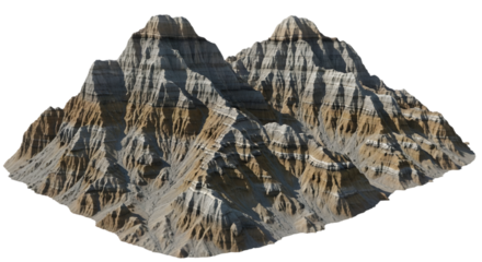 Detailed Jagged Mountain Range with Layered Rock Formations Isolated on Black Background