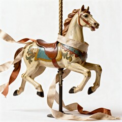 Vintage wooden carousel horse with colorful decorations and ribbons  