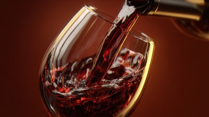Red wine is being poured into a crystal glass, showcasing the rich color and texture of the liquid, creating a luxurious atmosphere for wine enthusiasts and connoisseurs