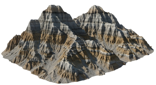 Detailed Jagged Mountain Range with Layered Rock Formations Isolated on Black Background