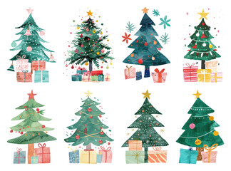 PNG Colorful festive Christmas trees illustration, element set on transparent background