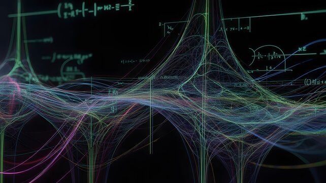 Dynamic abstract visualization of complex data streams and scientific formulas glowing in the dark
