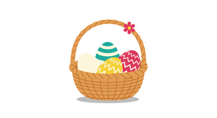 Easter basket with colorful decorated eggs and a small flower on the handle.