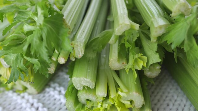 Fresh green organic celery stalks with leaves rotating on a textured surface, showcasing the vegetable's crisp texture and vibrant color, ideal for healthy eating and cooking concepts