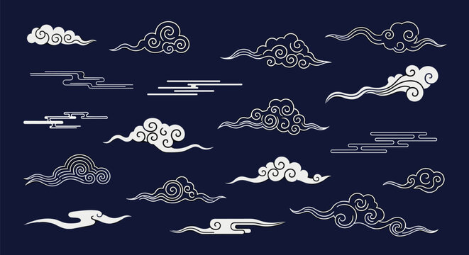 Traditional Asian clouds and stylized vapor elements in white on a dark blue background.