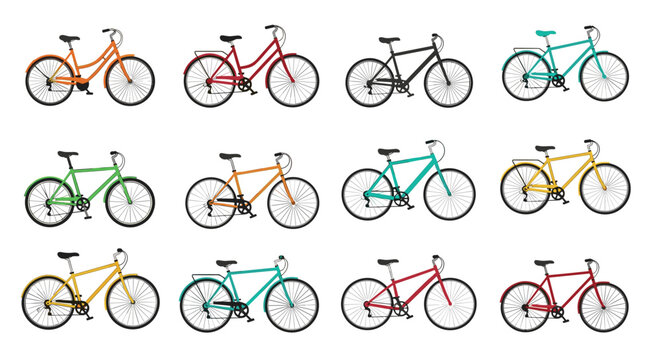 Collection of diverse bicycles in multiple colors arranged in rows against a white background.