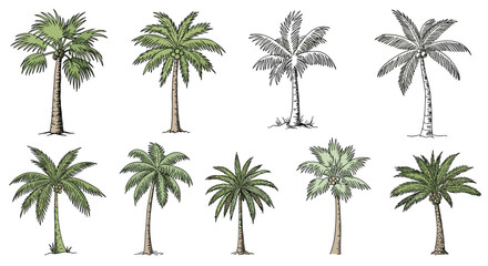 Collection of eight diverse palm tree illustrations in various styles and colors.