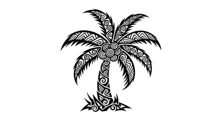 Tribal style black and white palm tree illustration with decorative patterns.