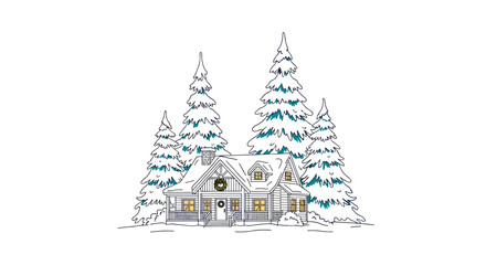 Cozy winter cabin nestled among snow-covered pine trees, illustrated in a charming line art style.