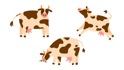 Set of playful spotted dairy cows with curved tail and visible udder in different poses, simple flat style, isolated on white. Ideal for farm, milk, and kids projects