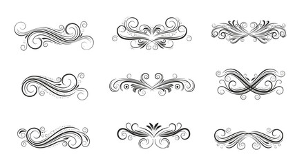 Collection of nine elegant black and white floral scroll ornaments and decorative flourishes.