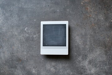Close Up Top View of White Polaroid Frame on Textured Gray Surface