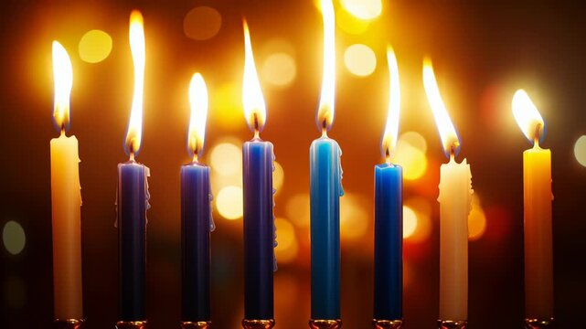 A set of vibrant Hanukkah candles in shades of blue, white, and gold, ready to be placed into a menorah with a warm, blurred festive background. Hanukkah
