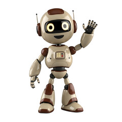 Friendly beige and brown robot waving isolated on a transparent background