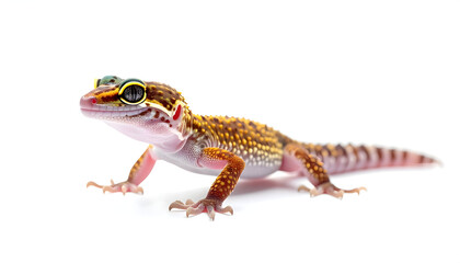 Fototapeta premium Gecko on Display: Capturing the vibrant beauty of a gecko, its detailed scales and captivating eyes, a symbol of resilience and adaptation, stand out against the plain backdrop.