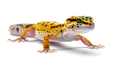 Obraz premium Leopard Gecko's Grace: A vibrant leopard gecko showcases its striking spotted pattern, captured in a moment of calm exploration. Witness the mesmerizing beauty of this exotic reptile.