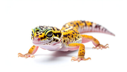 Obraz premium Leopard Gecko's Allure: A captivating close-up of a leopard gecko, showcasing the intricate patterns of its skin and unique charm. The gecko is the star of a vibrant, clean shot.